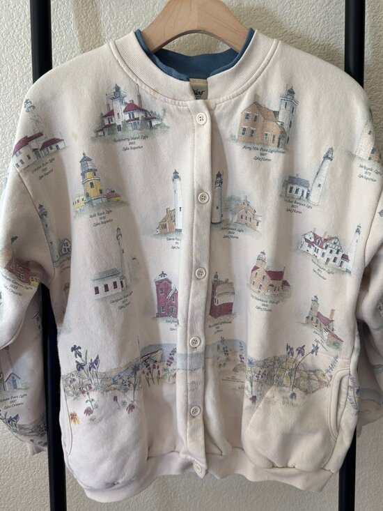 Vintage Sweaters - Vintage Lighthouse Graphic Print Cardigan Size Medium